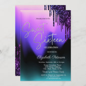 Invitation Dark Violet Glitter Drips,Ombre Sweet 16  (Devant / Derrière)