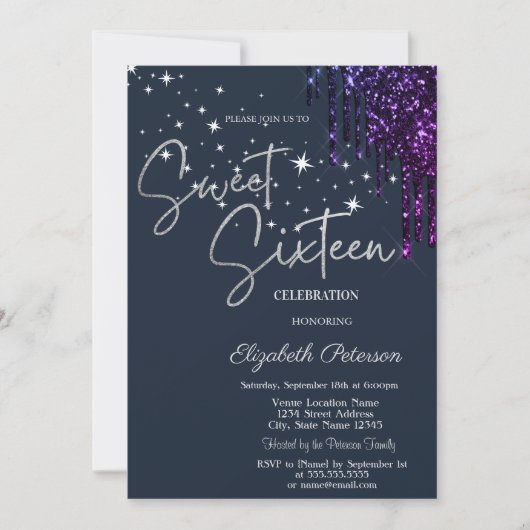 Invitation Dark Violet Glitter Drips, Stars Blue Sweet 16 (Devant)