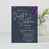 Invitation Dark Violet Glitter Drips, Stars Blue Sweet 16 (Debout devant)
