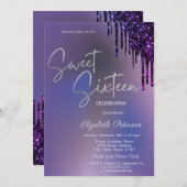 Invitation Dark Violet Glitter Drips Violet Sweet 16  (Devant / Derrière)