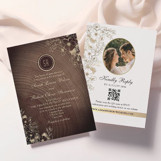 Invitation Dark Wood Monogram Photo QR Wedding