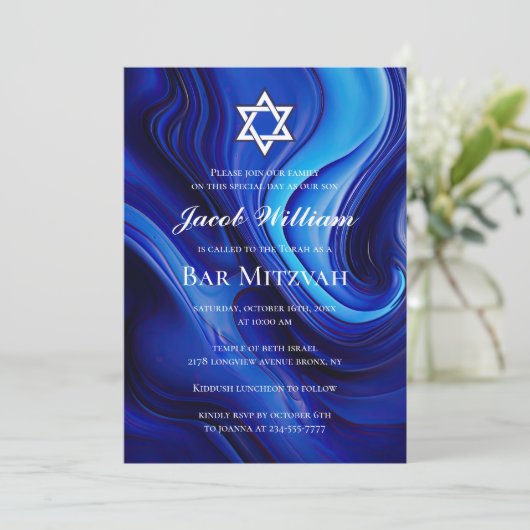 Invitation d'Art Fluide Bleu Barre Juive Mitzvah (Debout devant)