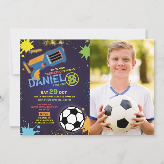 Invitation Dart Gun Fun Aim Shoot Football Anniversaire Photo (Devant)