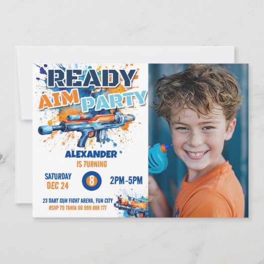Invitation Dart Gun Party Anniversaire Photo Blue Orange Camo (Devant)
