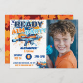 Invitation Dart Gun Party Anniversaire Photo Blue Orange Camo (Devant / Derrière)