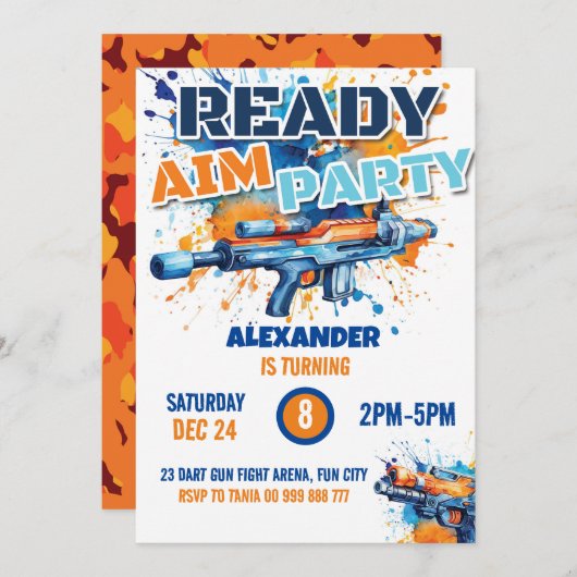 Invitation Dart Gun Party Boy Anniversaire Camo (Devant / Derrière)