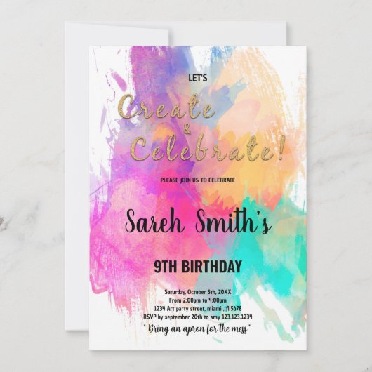 Invitation d'Art Party pour enfants avec éclabouss (Devant)