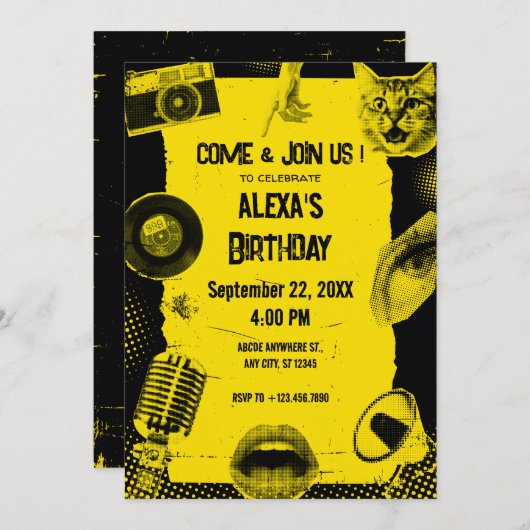 INVITATION D'ART POP GRUNGE JAUNE NOIR (Devant / Derrière)