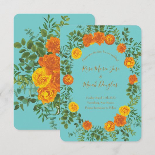 Invitation Date de mariage à conserver Rose de Pivoine Aqua O (Devant / Derrière)
