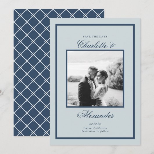 Invitation Date de mariage à l'écriture classique Bleu Poussi (Devant / Derrière)