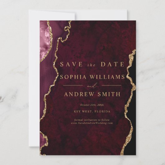 Invitation Date Mariage Moderne Or Noir & Bourgogne (Devant)