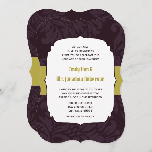 Invitation d'aubergines et de chaux Mariage damass (Devant / Derrière)