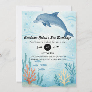Invitation Dauphin bleu et récif corallien coloré Anniversair
