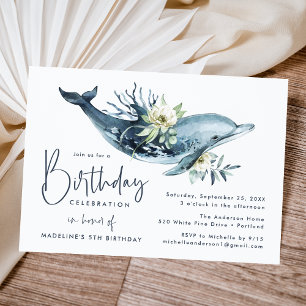 Invitation Dauphin d'aquarelle et fête florale blanche