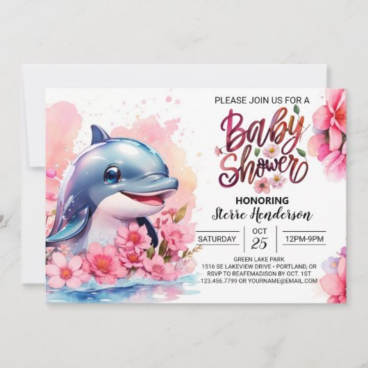 Invitation Dauphin rose délice Baby shower fille (Devant)