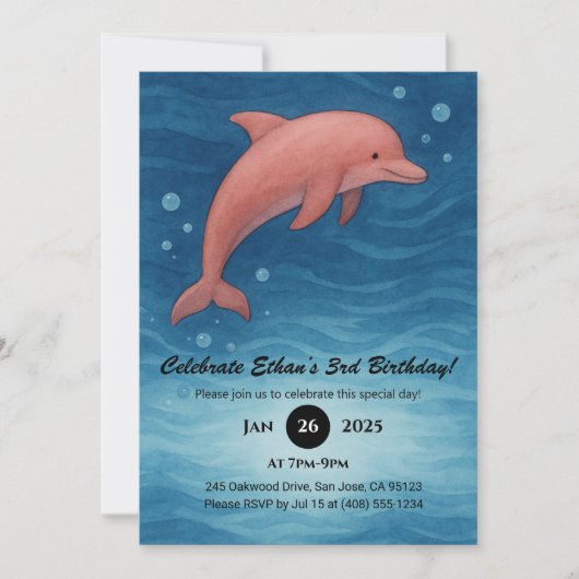 Invitation Dauphin rose et vagues de l'océan bleu profond Ann (Devant)