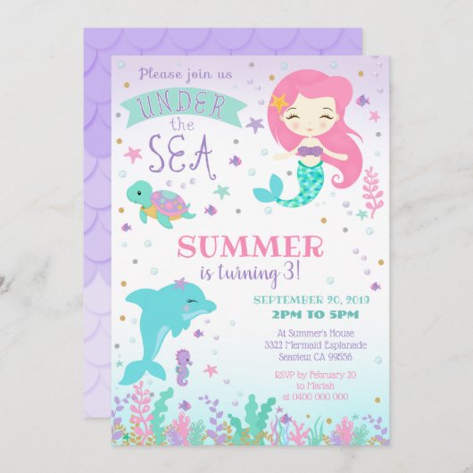 Invitation Dauphin Sirène - Sous la Mer (Devant / Derrière)