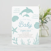 Invitation Dauphins & Coquillages Mer Vous Baby shower Bleu B (Debout devant)