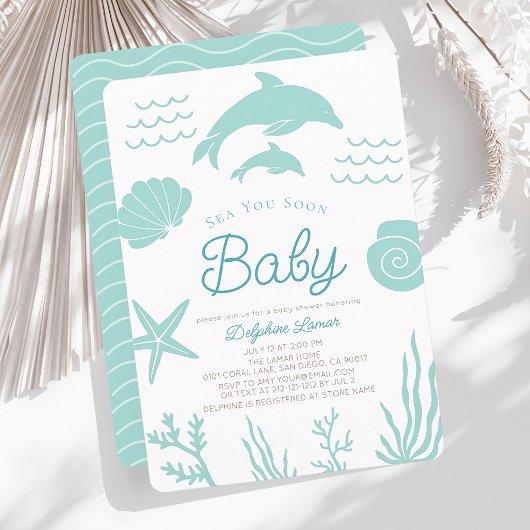 Invitation Dauphins & Coquillages Mer Vous Baby shower Bleu B
