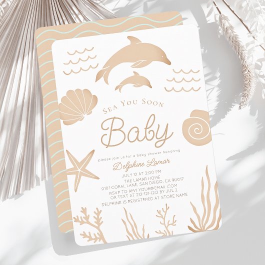 Invitation Dauphins & Coquillages Mer Vous Bientôt Tan Baby s