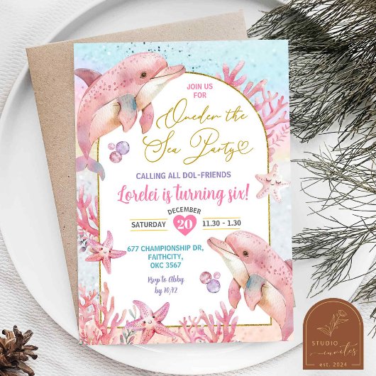 Invitation Dauphins rose Fête de la mer Premier anniversaire 