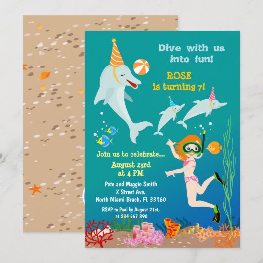 Invitation Dauphins sous la mer fille fête d'anniversaire (Devant / Derrière)
