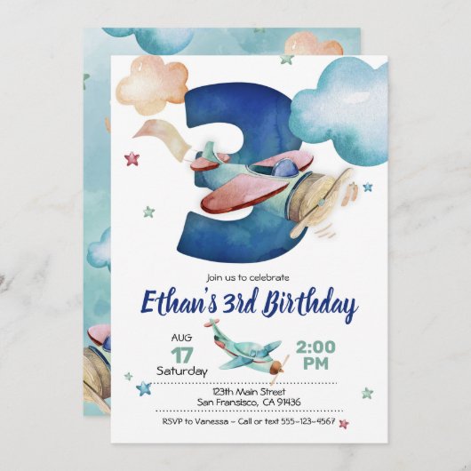 Invitation d'avion 3e anniversaire - Thème avion (Devant / Derrière)