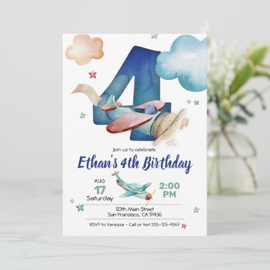 Invitation d'avion 4e anniversaire - Thème d'avion (Debout devant)
