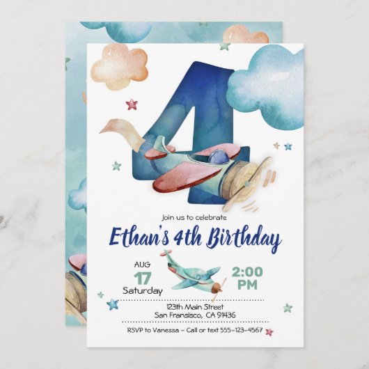 Invitation d'avion 4e anniversaire - Thème d'avion (Devant / Derrière)