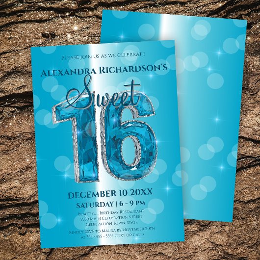 Invitation Dazzling Blue Gemstone Sweet 16 Célébration