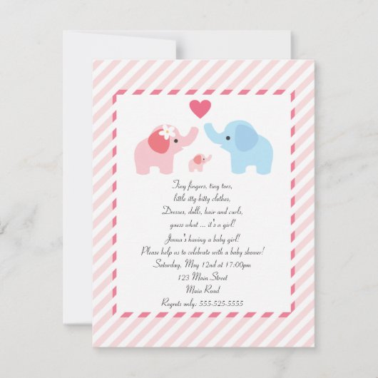 Invitation d'Baby showers éléphants pour les fille (Devant)