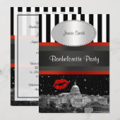 Invitation DC Skyline Blk Wht Strp Red Kiss Bachelorette (Devant / Derrière)