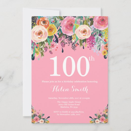 Invitation de 100e anniversaire de la florale rose (Devant)