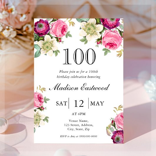 Invitation de 100e anniversaire de la florale rose