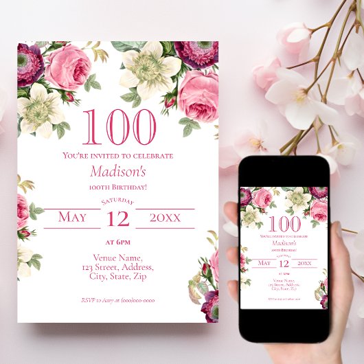 Invitation de 100e anniversaire de la florale rose