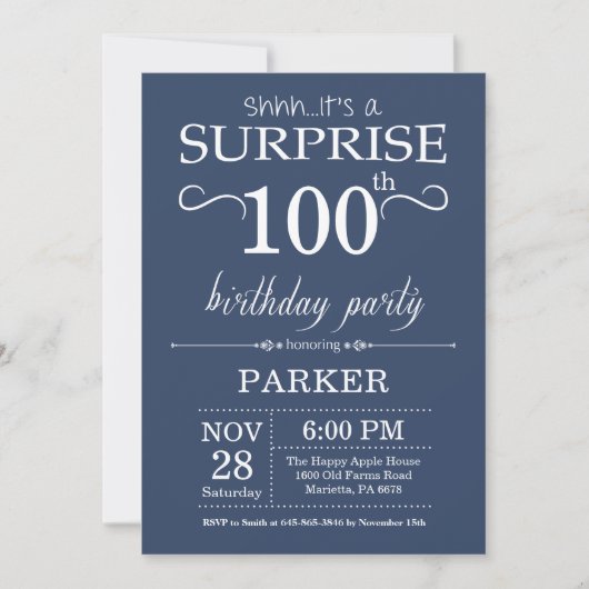Invitation de 100e anniversaire surprise Bleu (Devant)
