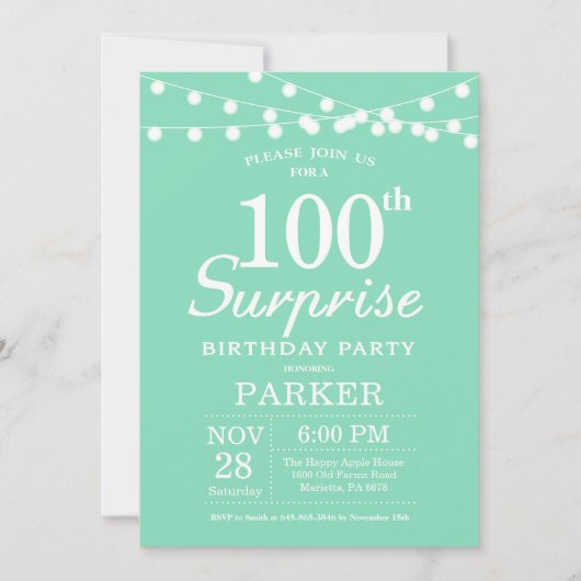 Invitation de 100e anniversaire surprise vert ment (Devant)