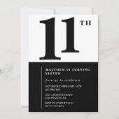 Invitation de 11e anniversaire en noir et blanc Si (Devant)