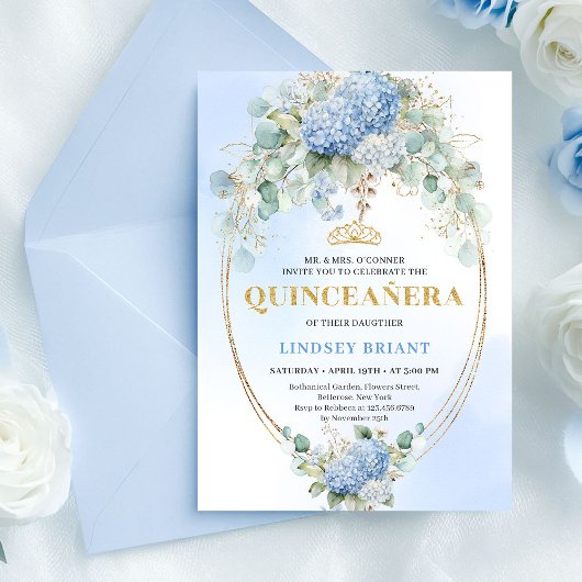 Invitation de 15 ans Fleurs Bleues Romantiques Or