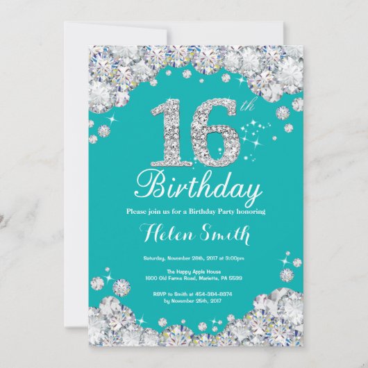 Invitation de 16e anniversaire Diamant Turquoise e (Devant)