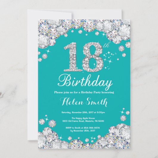 Invitation de 18e anniversaire Diamant Turquoise e (Devant)