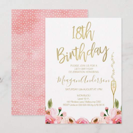 Invitation de 18e anniversaire Pink Gold Floral (Devant / Derrière)