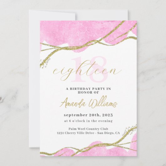 Invitation de 18e anniversaire rose et or (Devant)