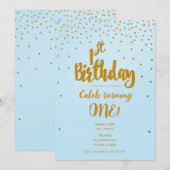 Invitation de 1er anniversaire bleu clair et or co (Devant / Derrière)