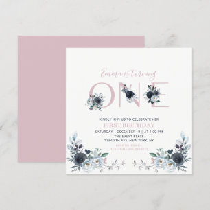Invitation de 1er anniversaire carré Navy & Pink B
