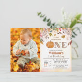 Invitation de 1er anniversaire Citrouille Feuilles (Debout devant)