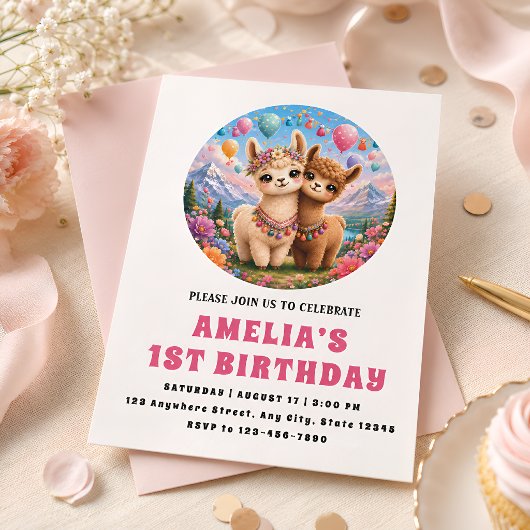 Invitation de 1er anniversaire de Boho Alpaca mign