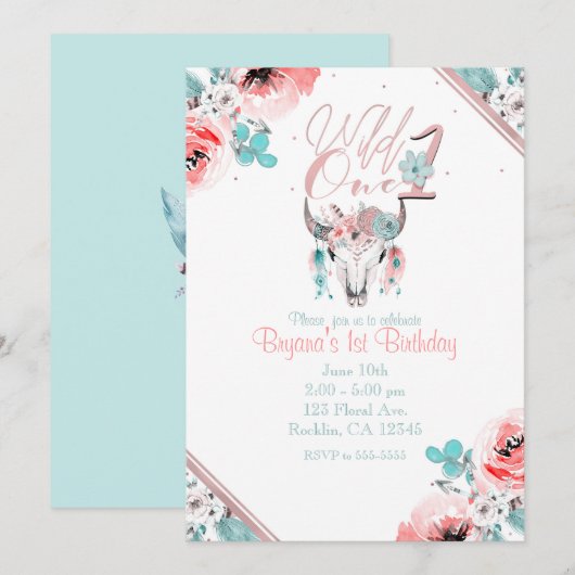 Invitation de 1er anniversaire florale Boho Chic W (Devant / Derrière)