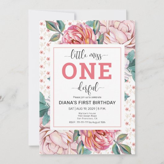 Invitation de 1er anniversaire florale rose (Devant)