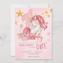 Invitation de 1er anniversaire licorne pastel rose